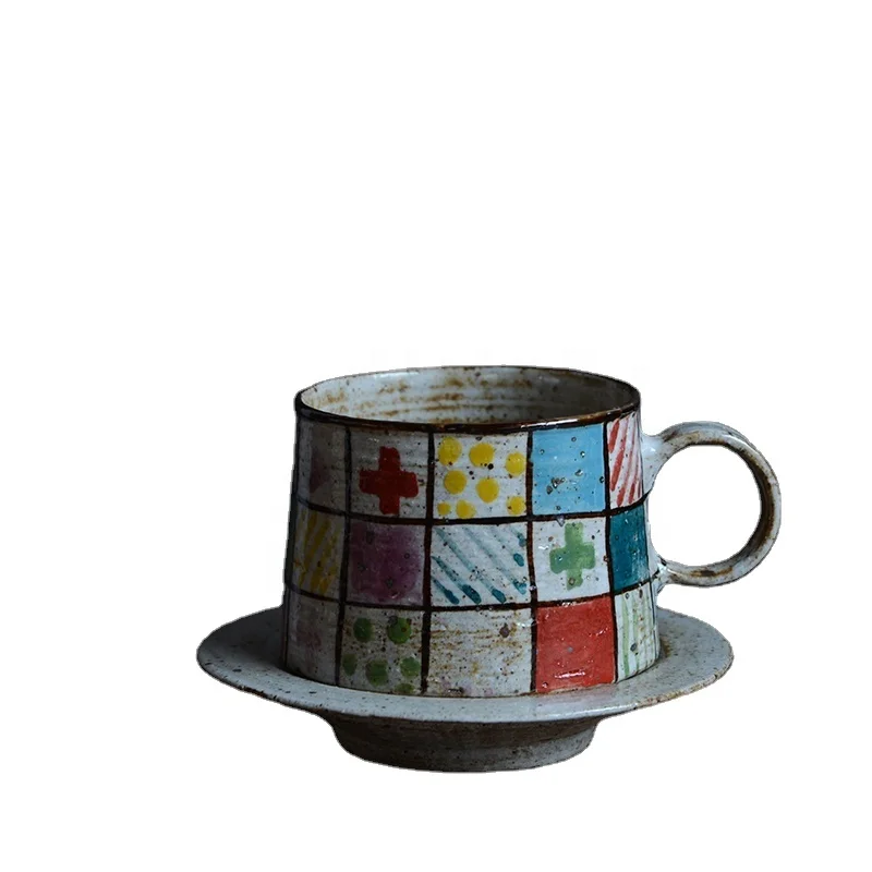 

2018 hot sale Self-designed brand hand painted Colored plaid pottery cup for tea/coffee, White+colored plaid