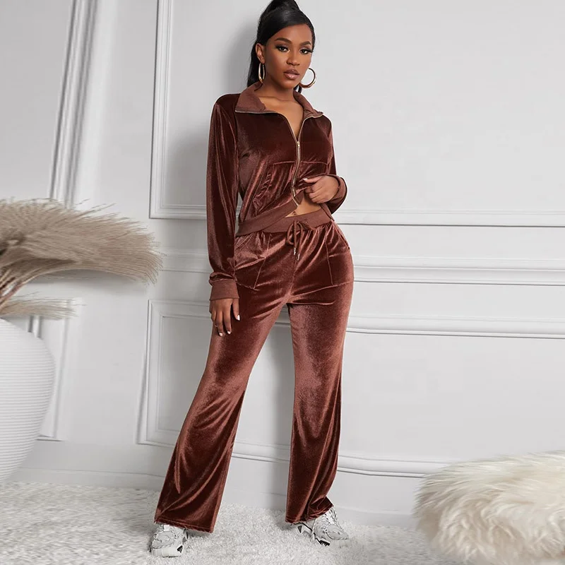 

High Quality Women Velour Set Sweat Track Pants Suit Velvet Fall Women 2 Piece Set