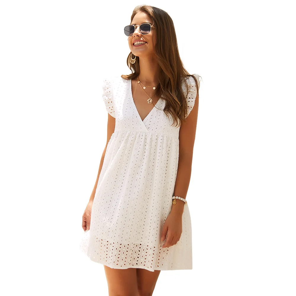 

Elegant Hollow Out Short Dresses Women New Sexy V Neck Butterfly Sleeve Hollow Lace Dress Casual Loose Summer Women Dress, White,blue,dark blue,green,pink,yellow,rose madder,purple