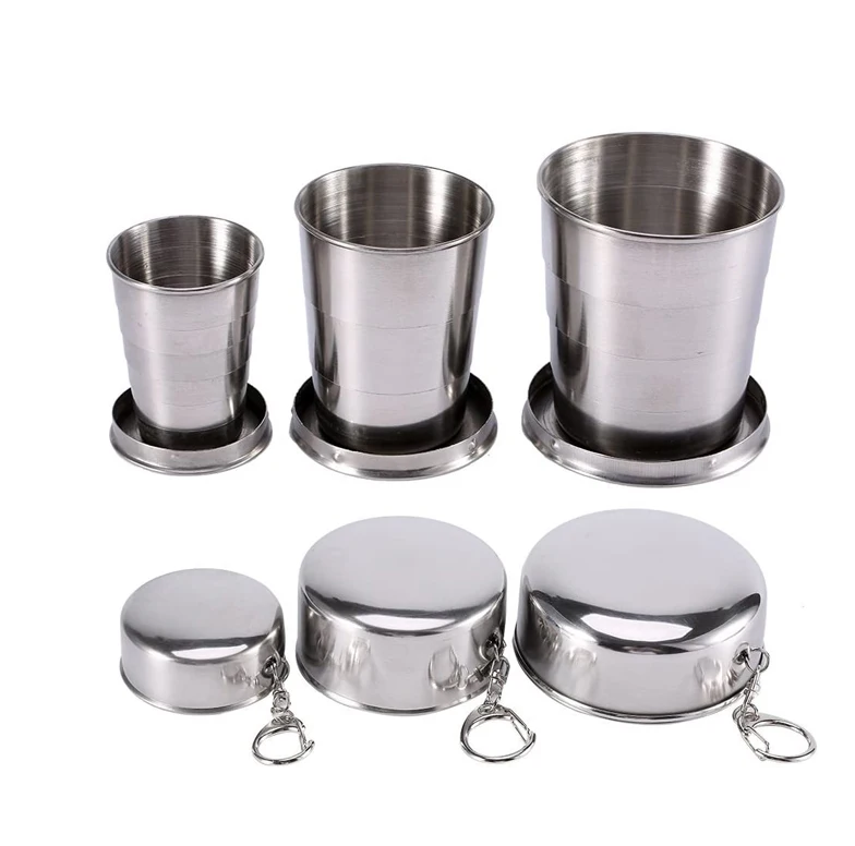 

Portable Foldable Stainless Steel Collapsible Travel Coffee Cup with Metal Telescopic Keychain