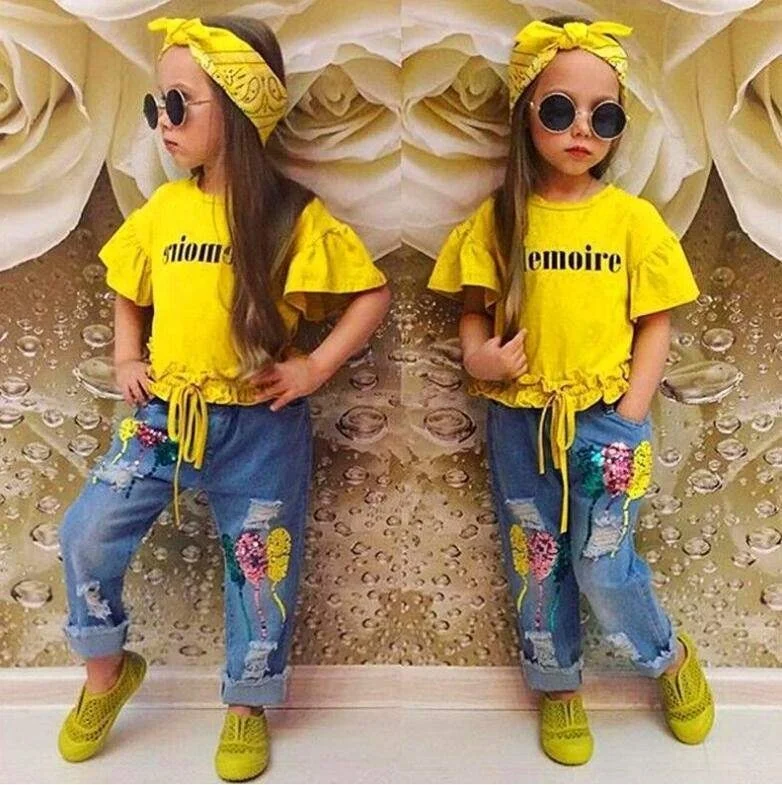 

European and American Fashion Clothing Kids Torn Jeans Pants Suit for Girls, Picture shows
