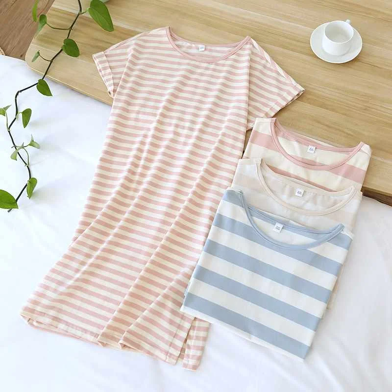 

2021 Ladies Spring And Summer Short-sleeved Nightdress 100% Cotton Plus Size Thin Skirt Striped Short Skirt Home Service Women, Multiple colour