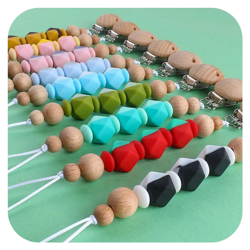 

Hot Sale DIY Creative Silicone Octagonal Beads Toy Wood Teether Pacifier Chain, As photos