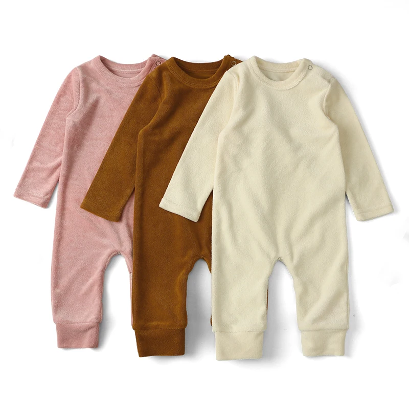 

towel terry fabric whole piece cotton long sleeves jumpsuit with buttons boutique kids clothing romper, As picture