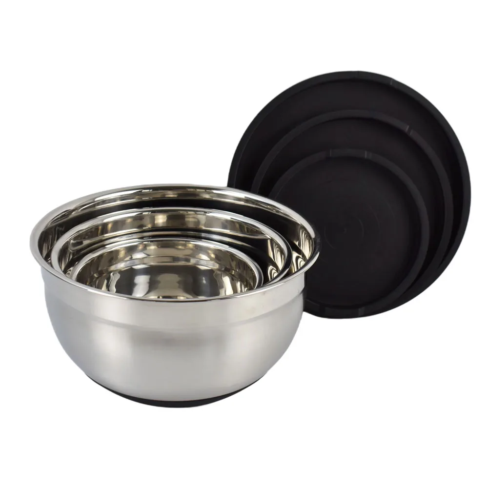 

0.6mm Luxury stainless steel mixing bowls set of 3 with pp lid graters non-slip silicone base