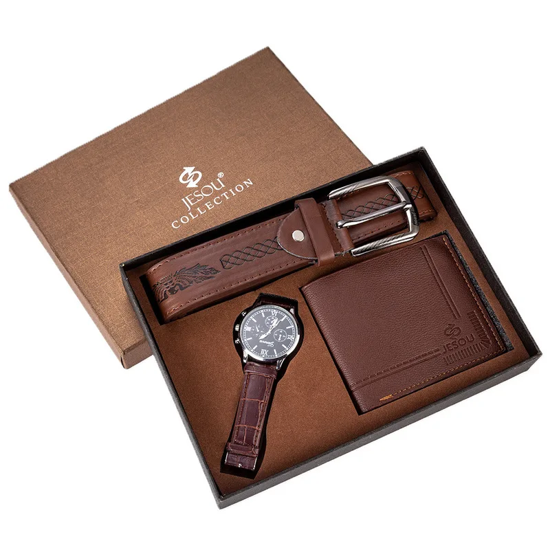 

Modern Business Men's Leather Watch Wallet Belt Three-piece Gift Box