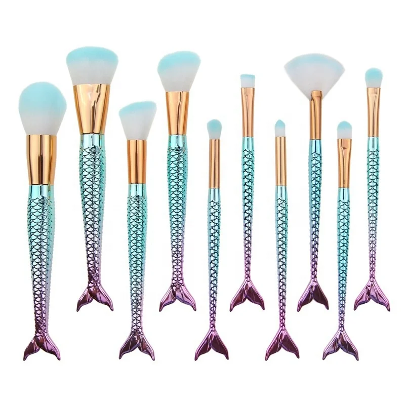 

Private label high quality glitter face makeup brush set blue mermaid shape cosmetic makeup brush set
