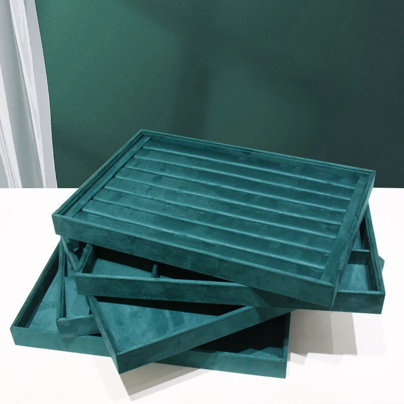 New Wholesale Stackable Custom Ring Earring Necklace Storage Showcase Trays Green Velvet Jewelry Display Tray