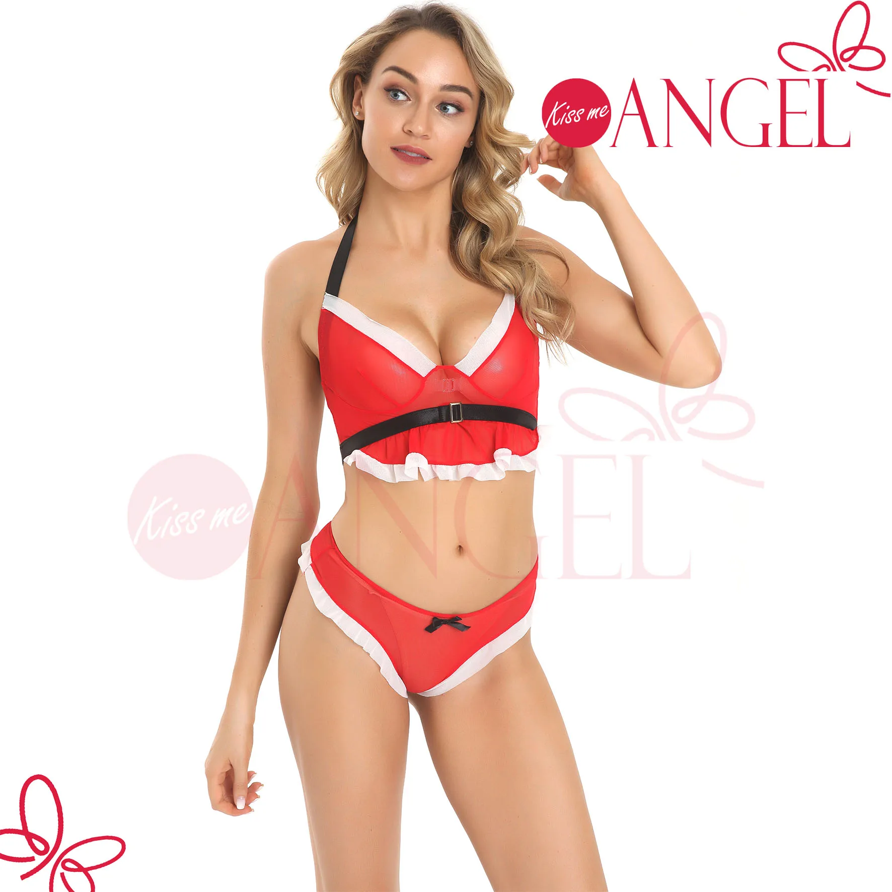 

KISS ME ANGEL backless v neck bowknot mesh stylish hot fancy ladies beautiful girl sexy bra and panty set, Red