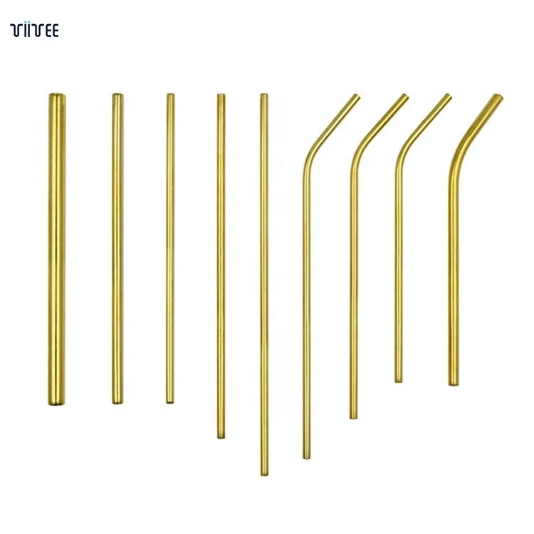 

ECO-friendly Stainless Steel Reusable Bar Golden Drinking Straws Metal Gold Straw Set With Brush And Pouch For Wine Cocktail