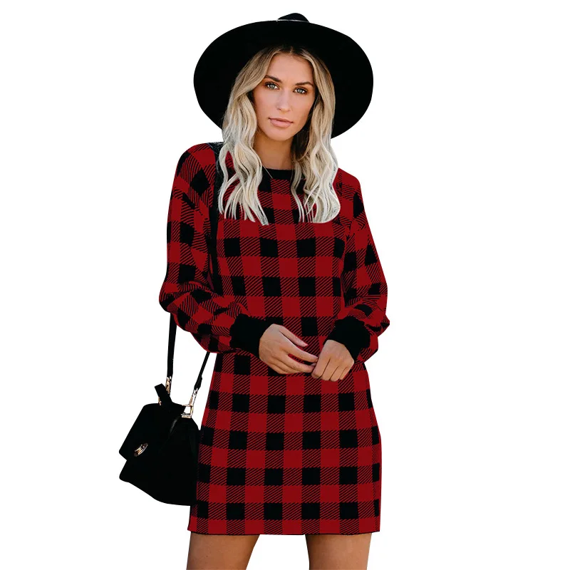 

Wholesale ladies fashion dresses long sleeve knee mini office plaid knit dress for women clothing, 3 colors