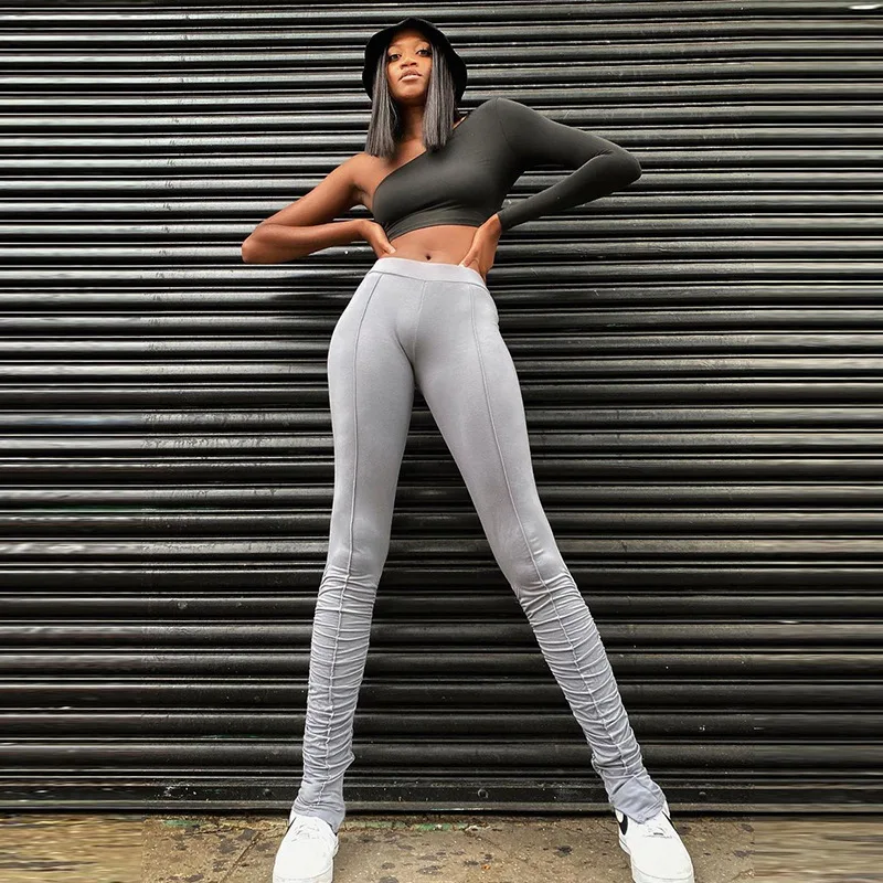 

New splicing solid color ladies high waist slim sports pleated leggings ladies leggings fashion women tights casual wear