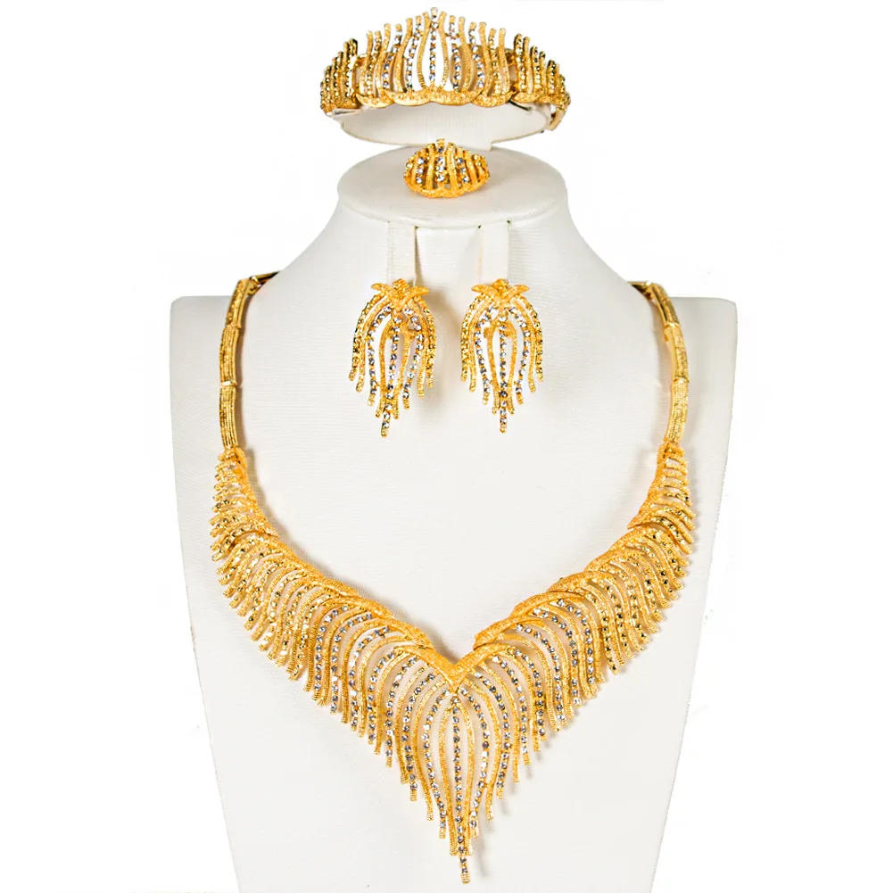 

Africa 18 K Gold Plated Tassel Diamond Necklace Earrings Ring Bracelet Jewelry Sets For Women, 1 color
