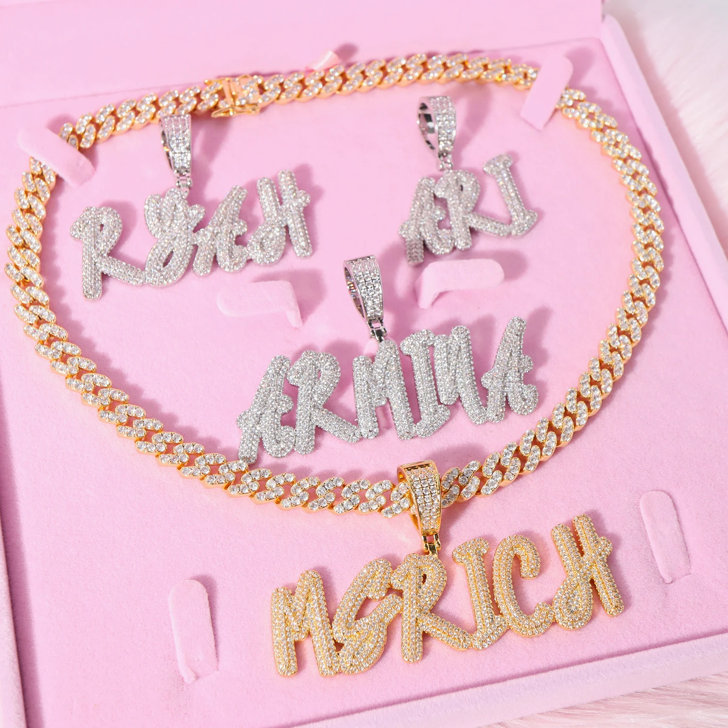 TOP ICY New Double Layers Overlapping Brush Font Iced Out Custom Name Pendant Personalized Letter CZ Custom Necklace Jewelry