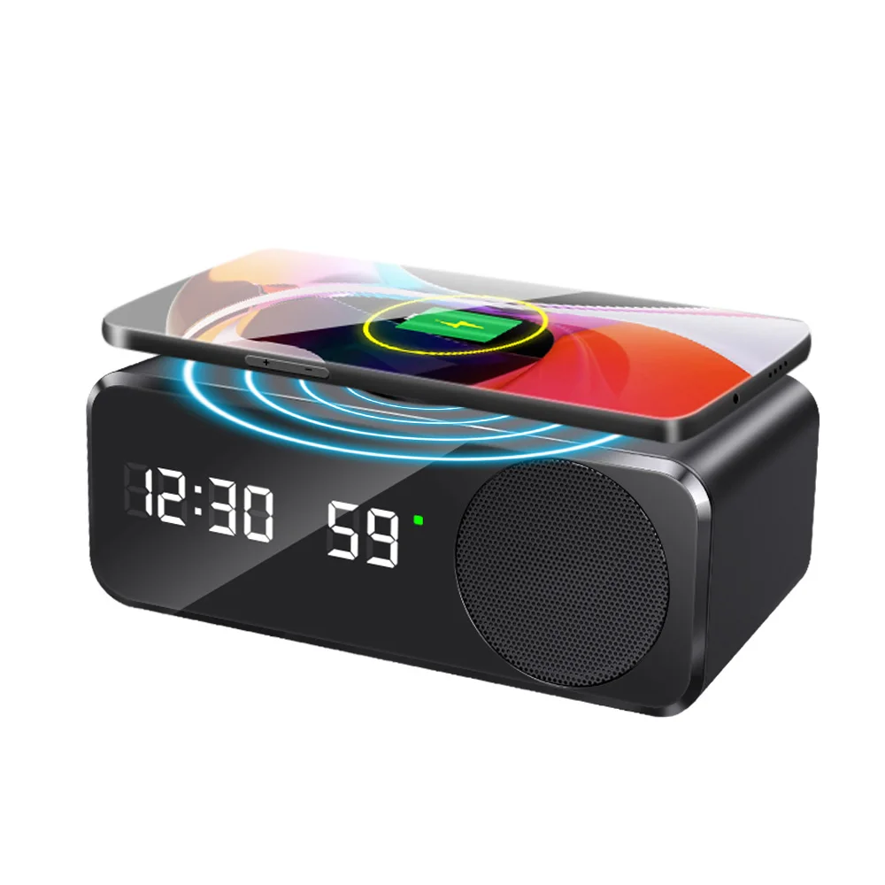 

New 6 in 1 Multi-function Led Digital Display Stopwatch Temperature Alarm Clock Mobile Phone Wireless Charger With Blue Speaker