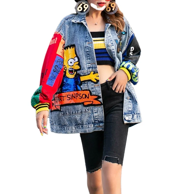 

2020 new arrivals autumn collection fashion brand women contrast sequin color oversize hip-hop denim jacket