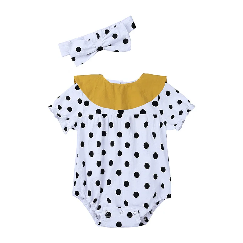 

Fashion Design Dot Print Doll Collar Short Sleeve Baby Jumpsuit Rompers