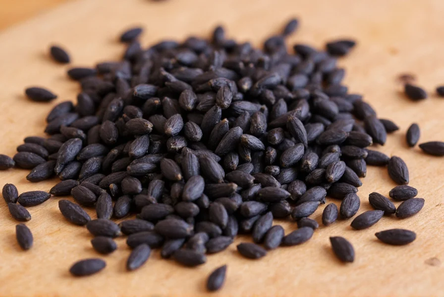 Close-up view of black cumin seeds (Nigella sativa) on wooden background showing their distinctive black color and teardrop shape