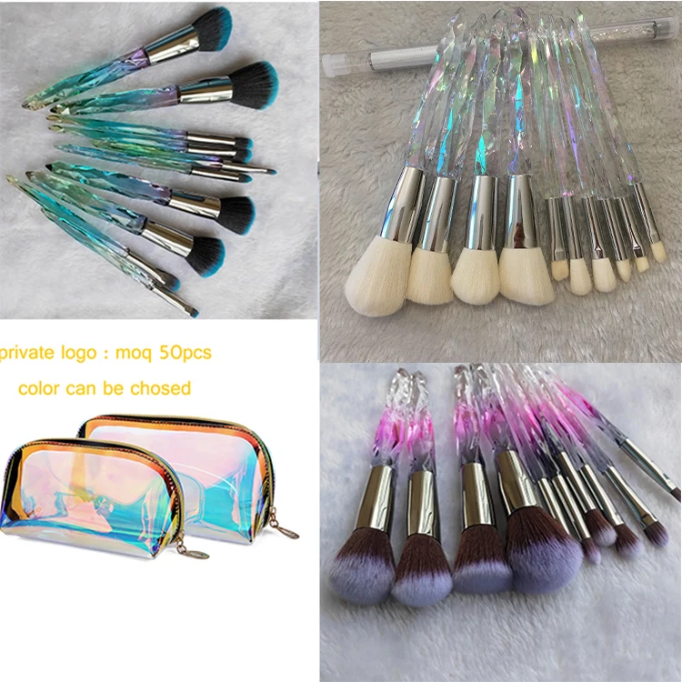 
2019 Hot Selling 10pcs Pieces Crystal Makeup Brushes Transparent Diamond Crystal Handle Makeup Brush Set <span style=
