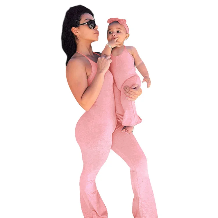 

2021 summer new Simple wide-legged sleeveless trousers solid color jumpsuit parent-child outfit (including turban) for home