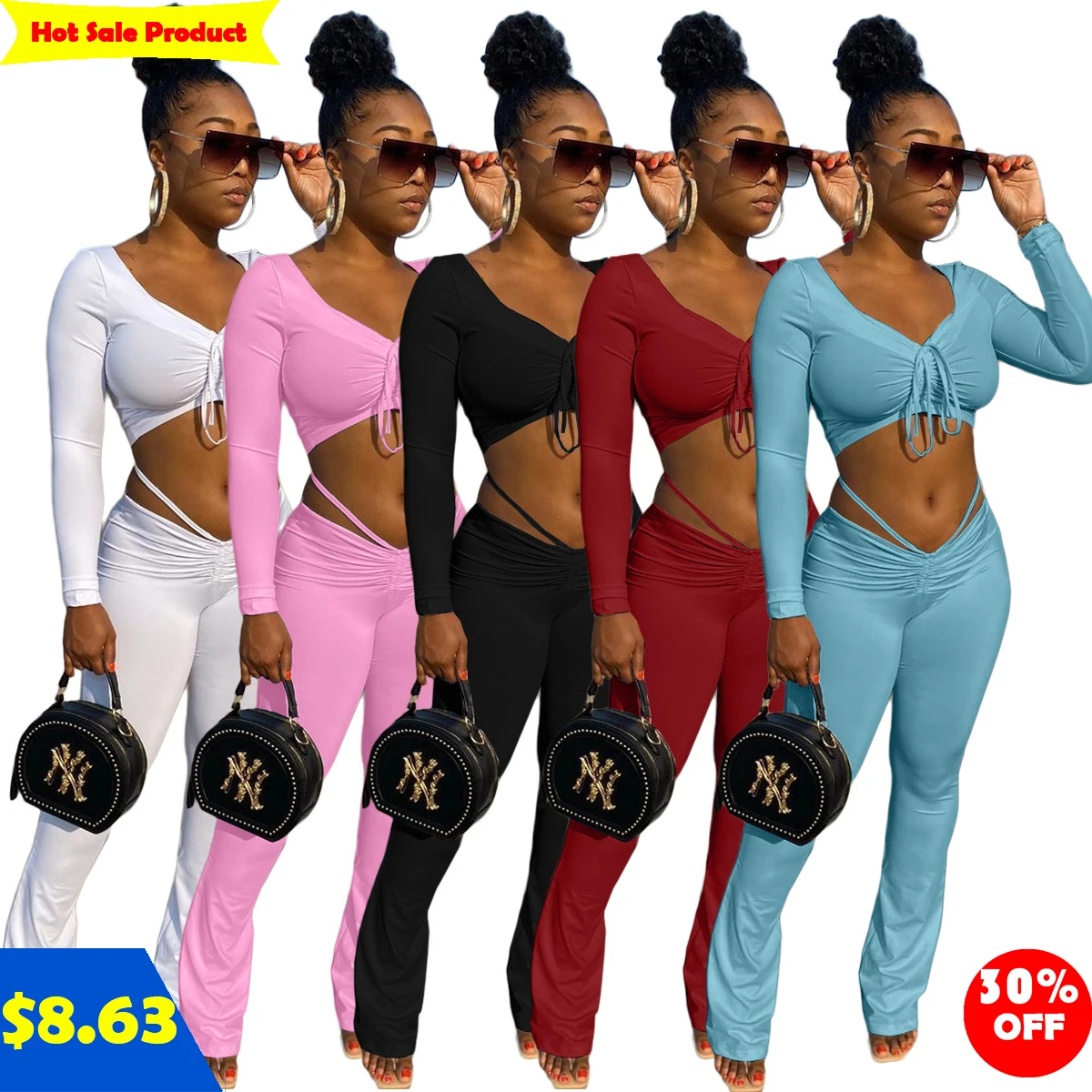 

Sex appeal of autumn and winter brings buttock pure color loose tie belt long sleeve 5 color two sets outfits jogger, As picture