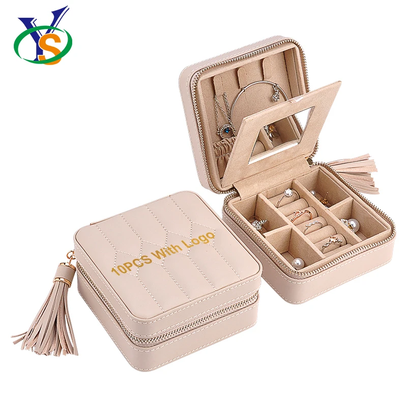 

Wholesale Makeup Jewelry Case Organizer Storge Boxes With Mirror Zipper Travel Portable Jewelry Box, Beige
