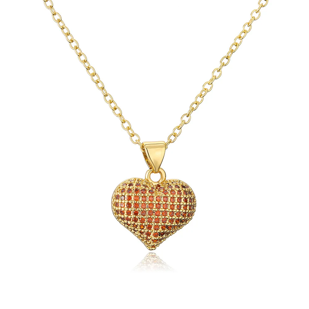 

2022 Luxury Design 18K Gold Plating Zircon Heart Pendant Necklace Full Colorful CZ Love Heart Necklace For Girls