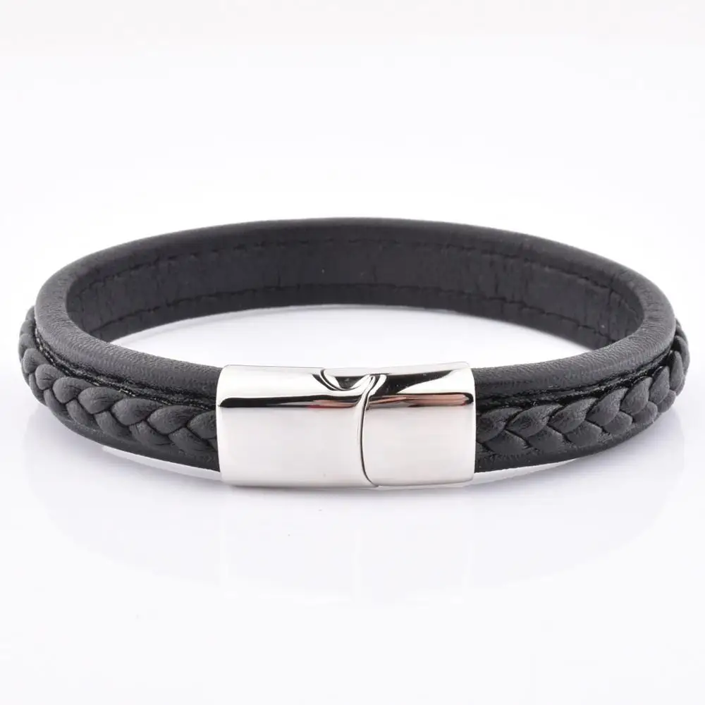 

New Simple Cool Design High Quality Silver Mens Leather Stainless Steel Magnetic Clasp Bracelet