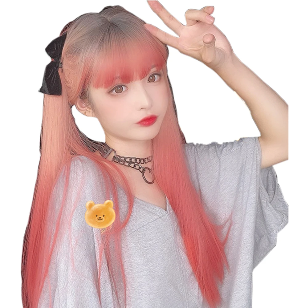 

Orange Pink Gradient Orange Red Long Straight Hair Grooming Face Daily Sweet Cute Girls Cosplay Party Wigs, Pic showed