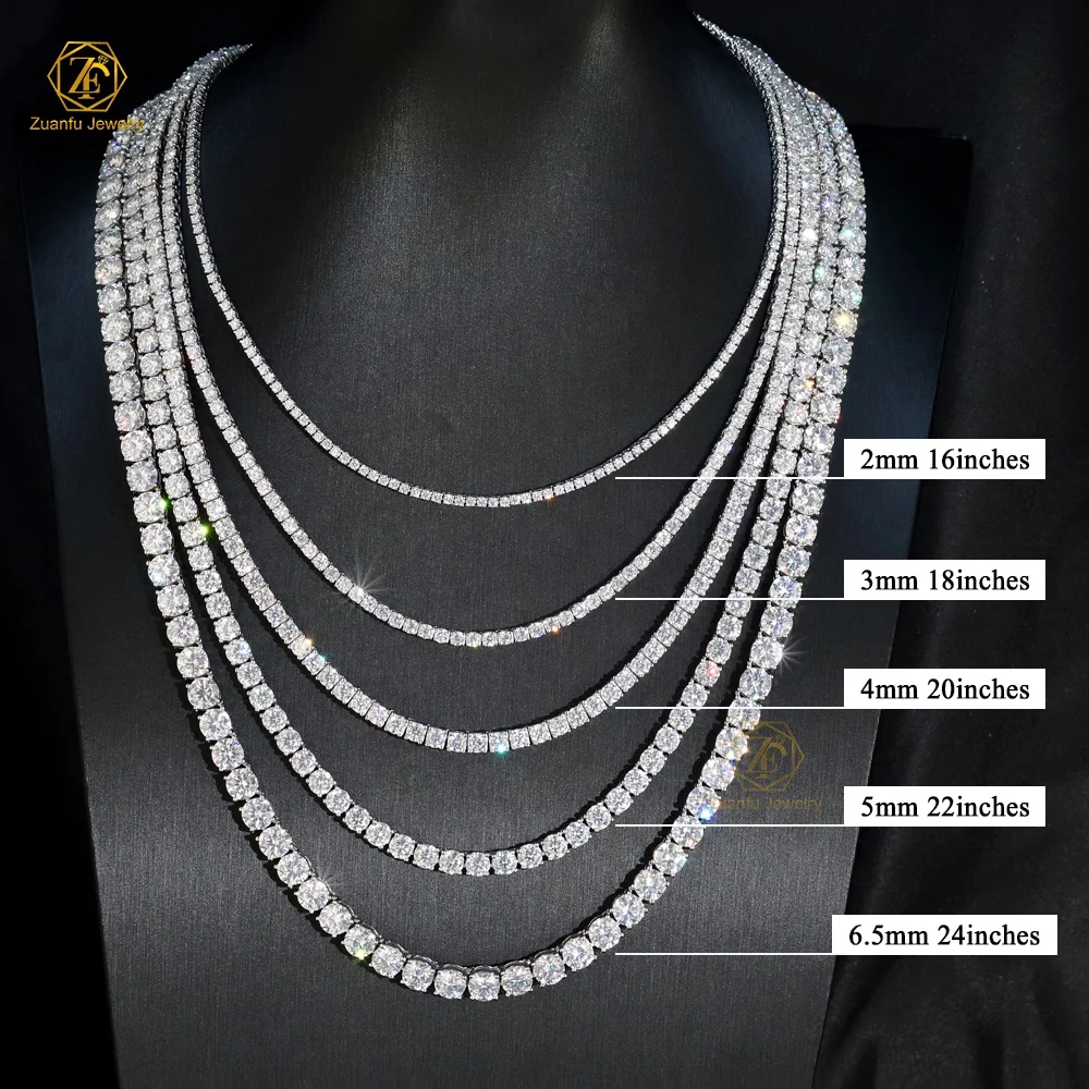 Tennis Necklace Bracelet Rhodium Plated 18K Gold 2mm 3mm 4mm 5mm 6.5mm Round 925 Sterling Silver VVS Moissanite Tennis Chain