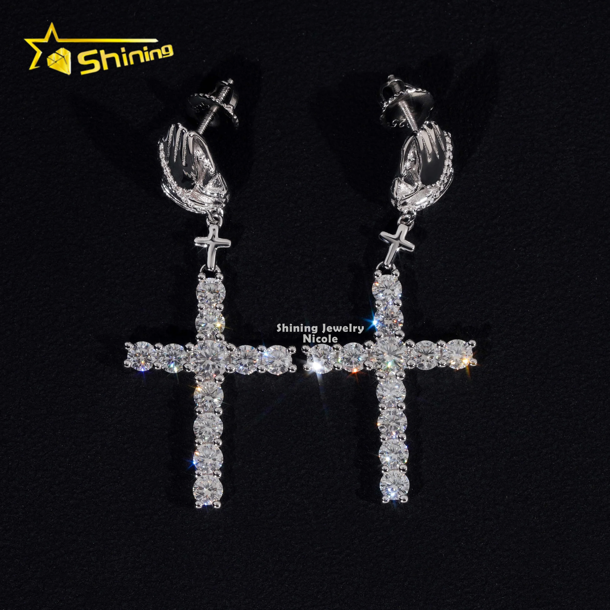 New Arrivals Hip Hop Style Cross Charms Iced Out 925 Sterling Silver Hoop Moissanite Diamond Drop Earrings