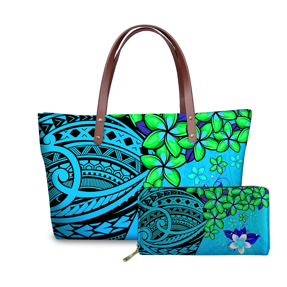 

2021 Trending Handbags Polynesian Floral Print FVintage 2Pcs Purses And Handbags For Girls Women Unique Wallet And Handbags Set