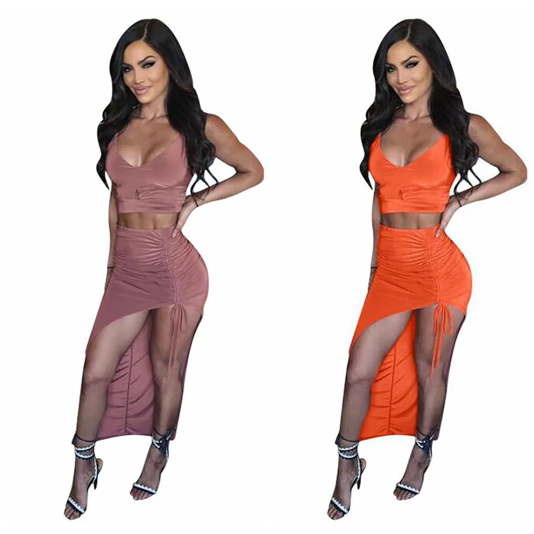 

Women Dresses Summer Outfit Two Piece Bodycon Mini Dress Sexy Tie Up Crop Top Skirt Set, Shown