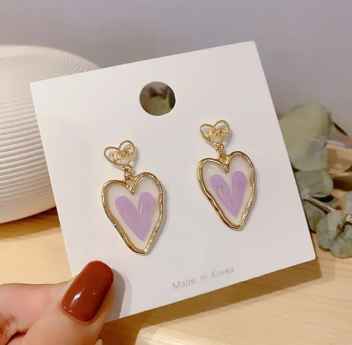 

2021 new purple transparent love earrings female exaggerated sweet earrings S925 silver post earrings jewelry