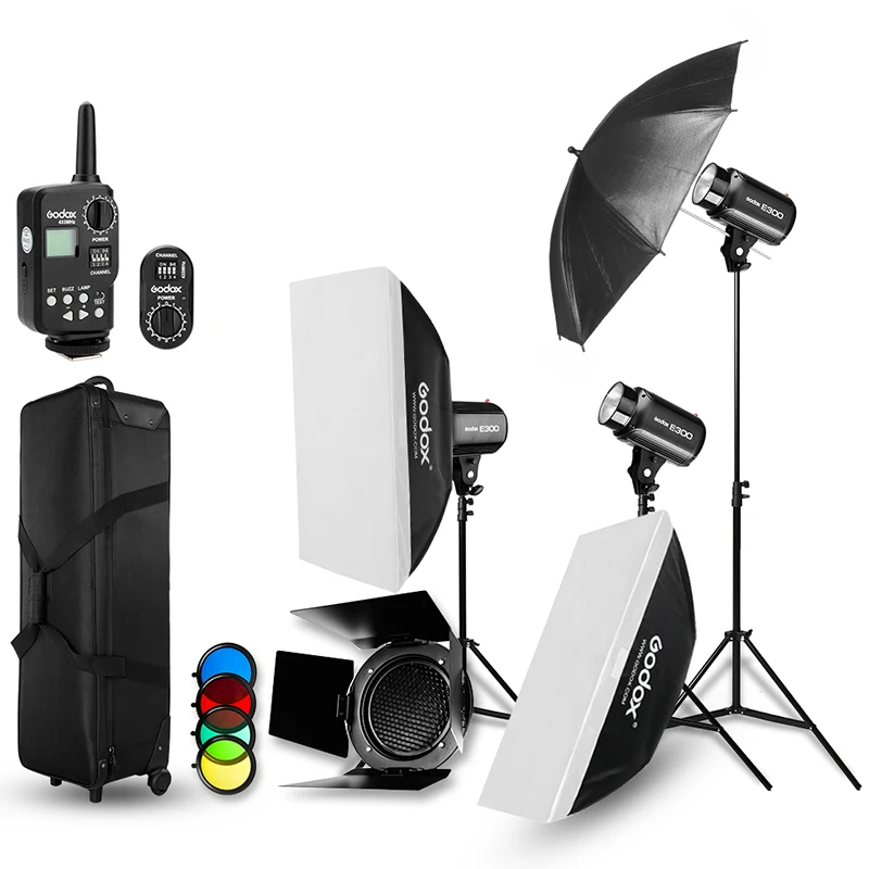 

Godox Strobe Studio Flash Light Kit 900W Photographic Lighting -Strobes, Barn Doors, Light Stands, Triggers, Umbrellas, Soft Box, Other