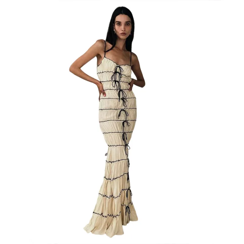 Fashionable Sexy Slim Fit Halter Pleated Bodycon Lady Elegant Midi Women Party Dress