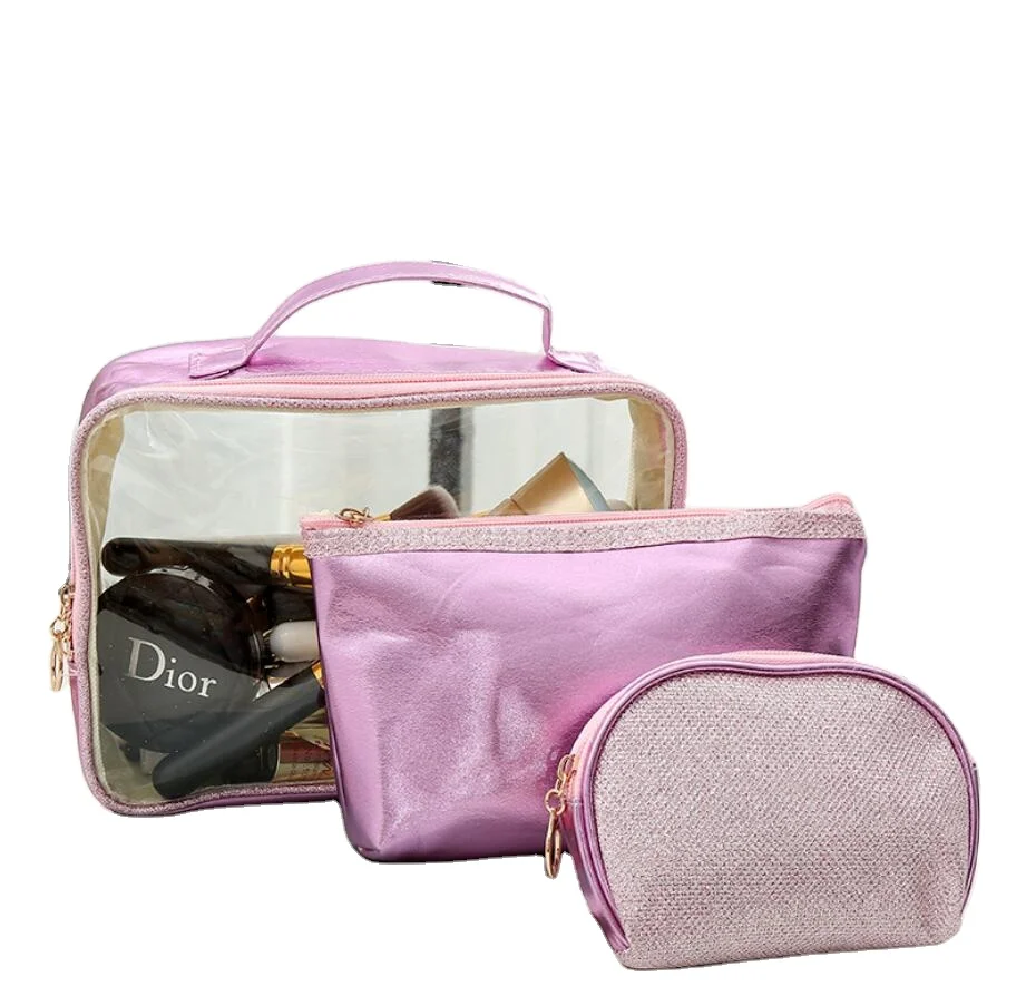 

wholesale 3 piece clear PVC waterproof women square blank cosmetic bag with zipper, 3 colors can choose