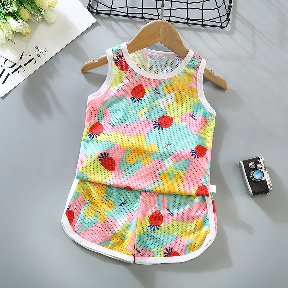 

1set baby thin SUMMER clothing set Kids casual cartoon summer sleeveless vest pajamas set cotton children clothing