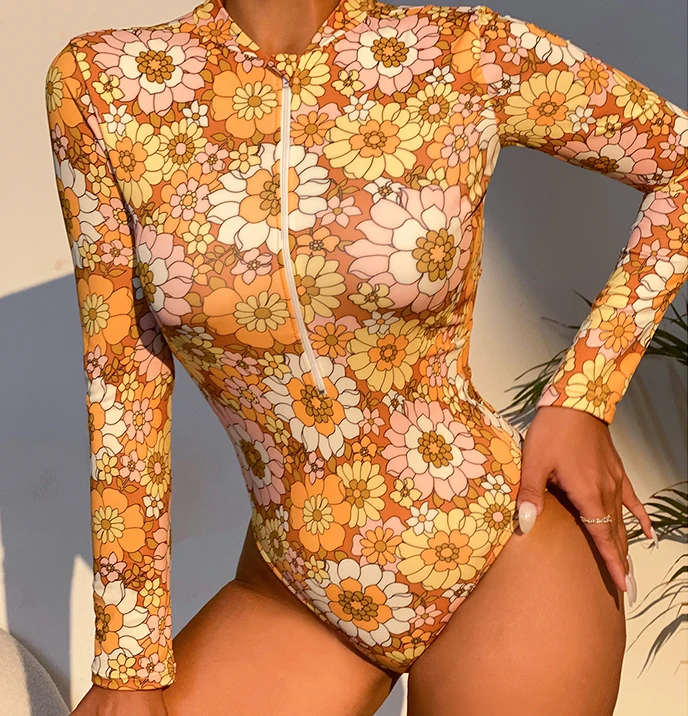 

2022 custom low MOQ fast delivery one piece wildflower long sleeve swimsuit, Solid