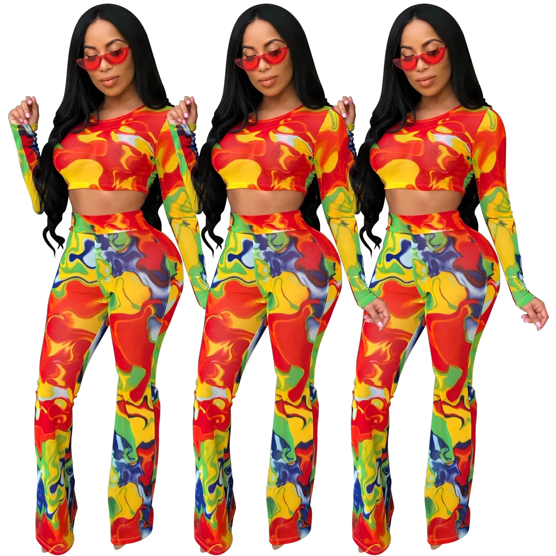 

B62817A American fashion women's clothing hot style digital printing crop wide leg pants two-piece set, As picture