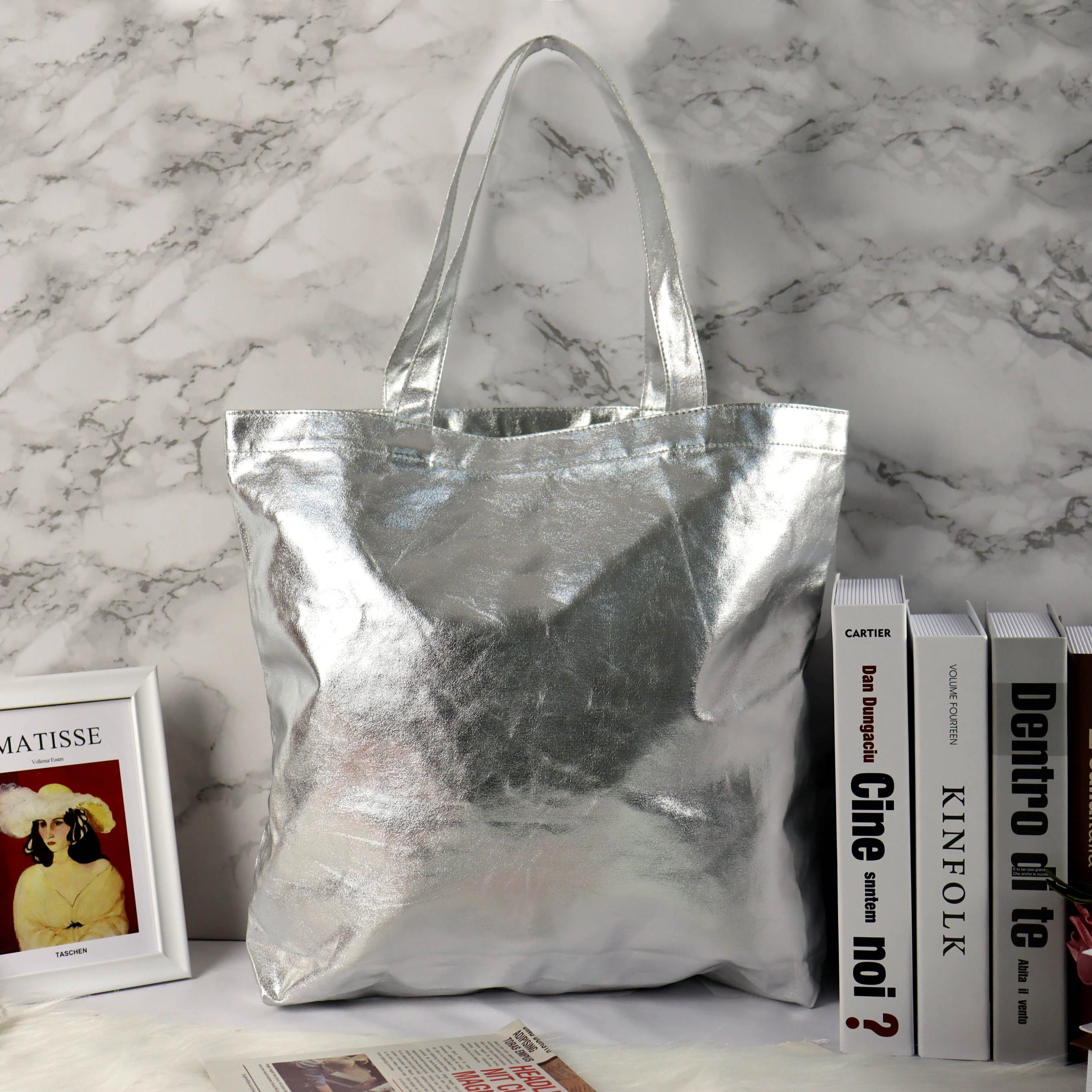 

New Fashion High Quality Environmentally Friendly Durable Silver Canvas Bag Girl Tote Bag, As picture