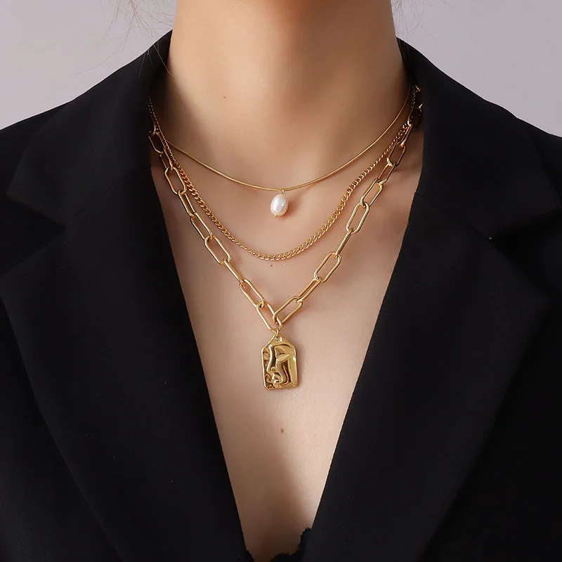 

Joyera Trendy Collar Jewelry 3 Layers Geometric Face Natural Pearl Pendant Clavicle Link Chain Layered Necklace