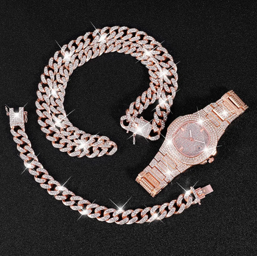 

3PCS/SET Hip Hop Iced Out Personality Jewelry Bling Diamond Popular Silver Gold Cuban Miami Chain Necklace Bracelet Watch Sets