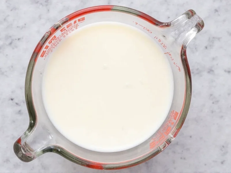 Homemade buttermilk curdling process in glass measuring cup