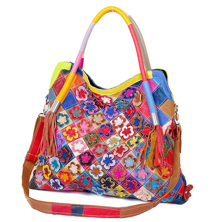 

Fashion Ladies Handbag Genuine Leather Large Capacity Shopper And Multi Color Patchwork Tote Bag