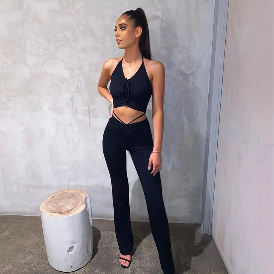

Spring Fashion Stacked Halter Camis Trouser 2 Pieces Sets Simple Casual Office Lady Streetwear Women Suits