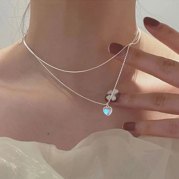 

SC Fashion Shiny Heart Opal Pendant Necklace Fairy Temperament 925 Silver Plated Double Layer Moonstone Heart Necklace for Women