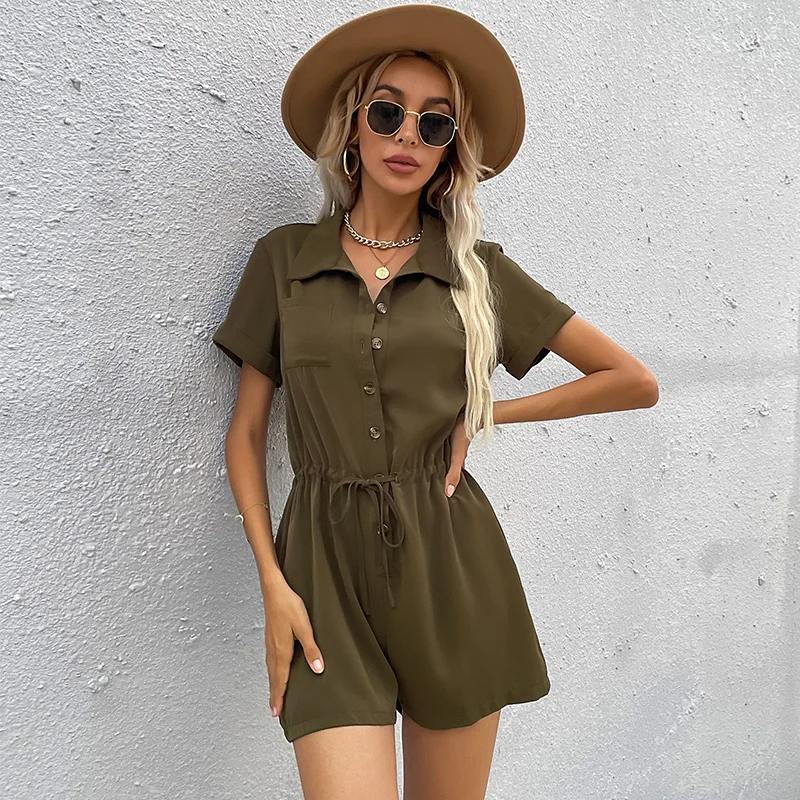 

Latest Design Fashion Button Short Sleeve High Waist Elastic Waist Army Green Jumpsuit