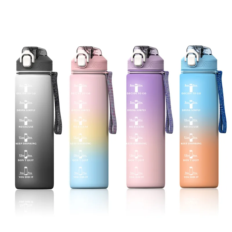 

Doyoung 2022 New Arrival Gym Sports Time Maker Plastic Waterbottle 1L 32 OZ Motivational Water Bottle with Time Marker and Straw, Purple blue black pink