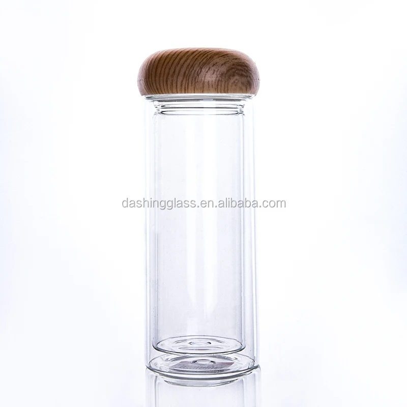 

Eco-friendly Double Wall High Borosilicate Glass Water Bottle with Bamboo Style Lid, Transparent or custom